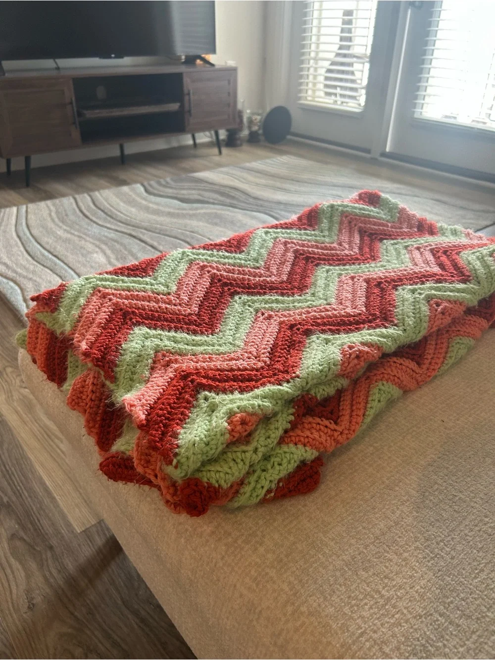 Vintage Handmade Chevron Knit afghan Throw Blanket - Green & Coral